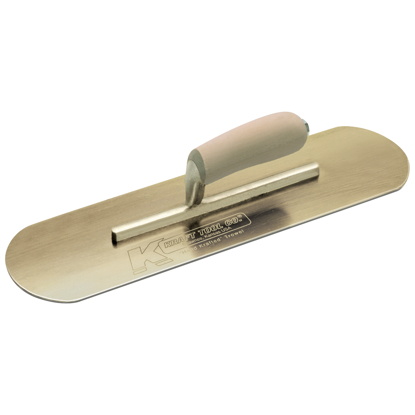 Picture of 10" x 3" Golden Stainless Steel Pool Trowel with a Camel Back Wood Handle on a Short Shank
